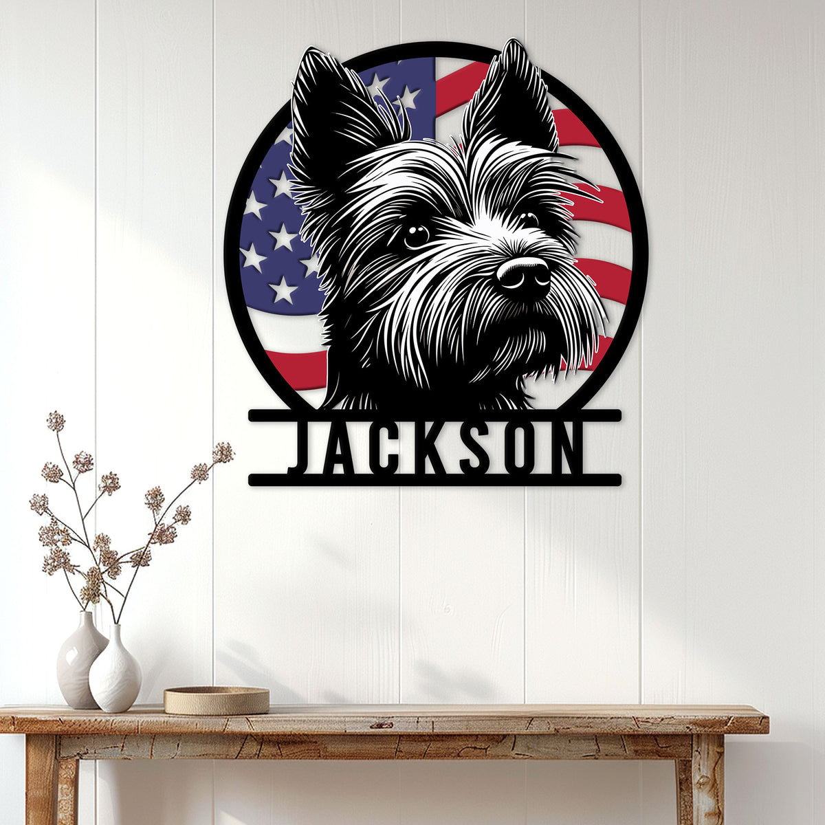 Patriotic Yorkie wall sign displayed on a light paneled wall above a rustic console table