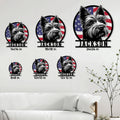 Yorkie metal sign size comparison showing multiple square size options in a living room setting