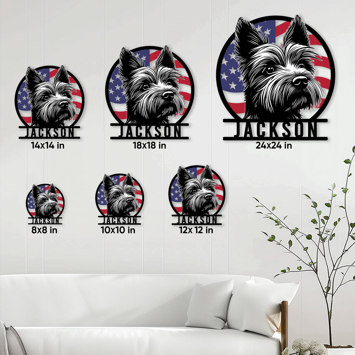 Yorkie metal sign size comparison showing multiple square size options in a living room setting