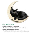 Black cat crescent moon metal sign shown in a product feature presentation