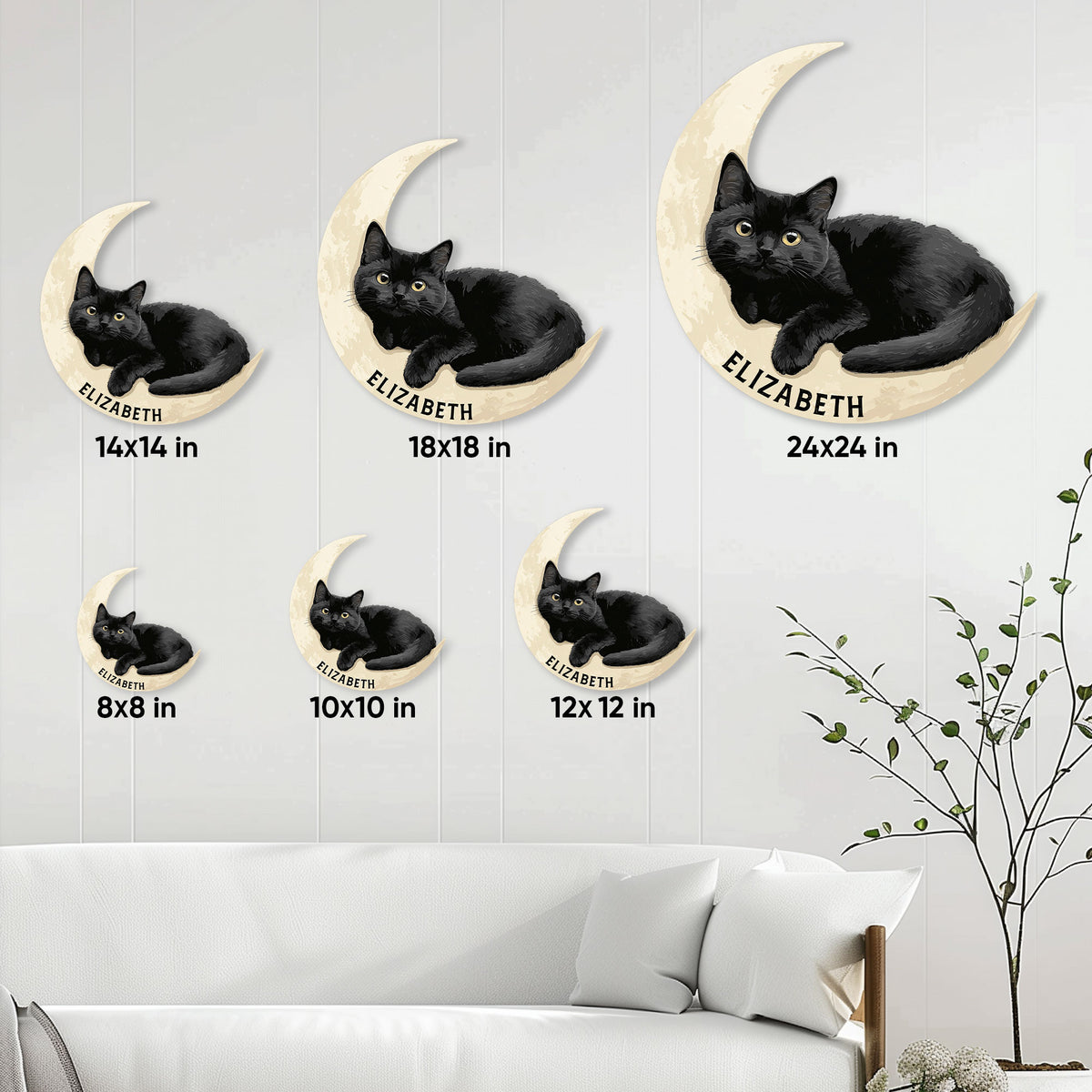 Black cat crescent moon metal sign size guide showing multiple square size options