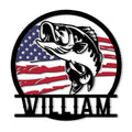 Custom bass fishing metal sign featuring a largemouth bass over a distressed American flag design