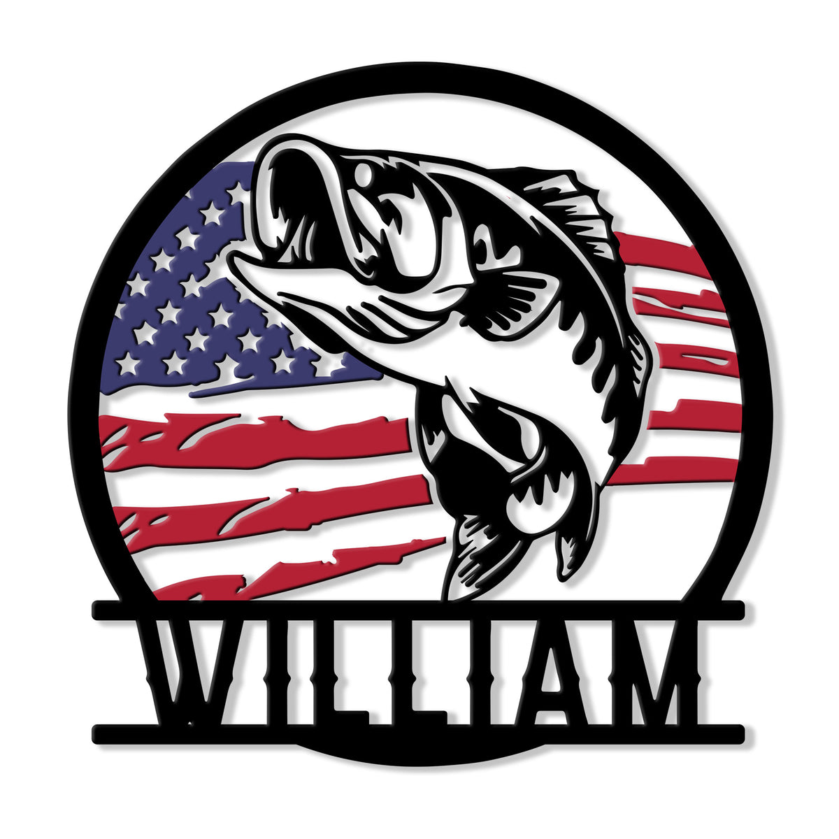 Custom bass fishing metal sign featuring a largemouth bass over a distressed American flag design