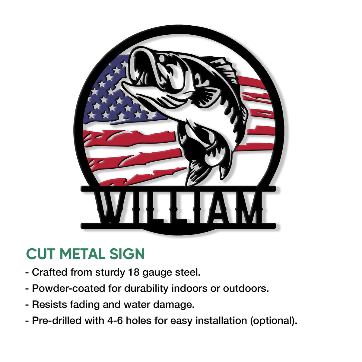 Bass fishing metal sign shown with a cut-metal design and indoor or outdoor display details