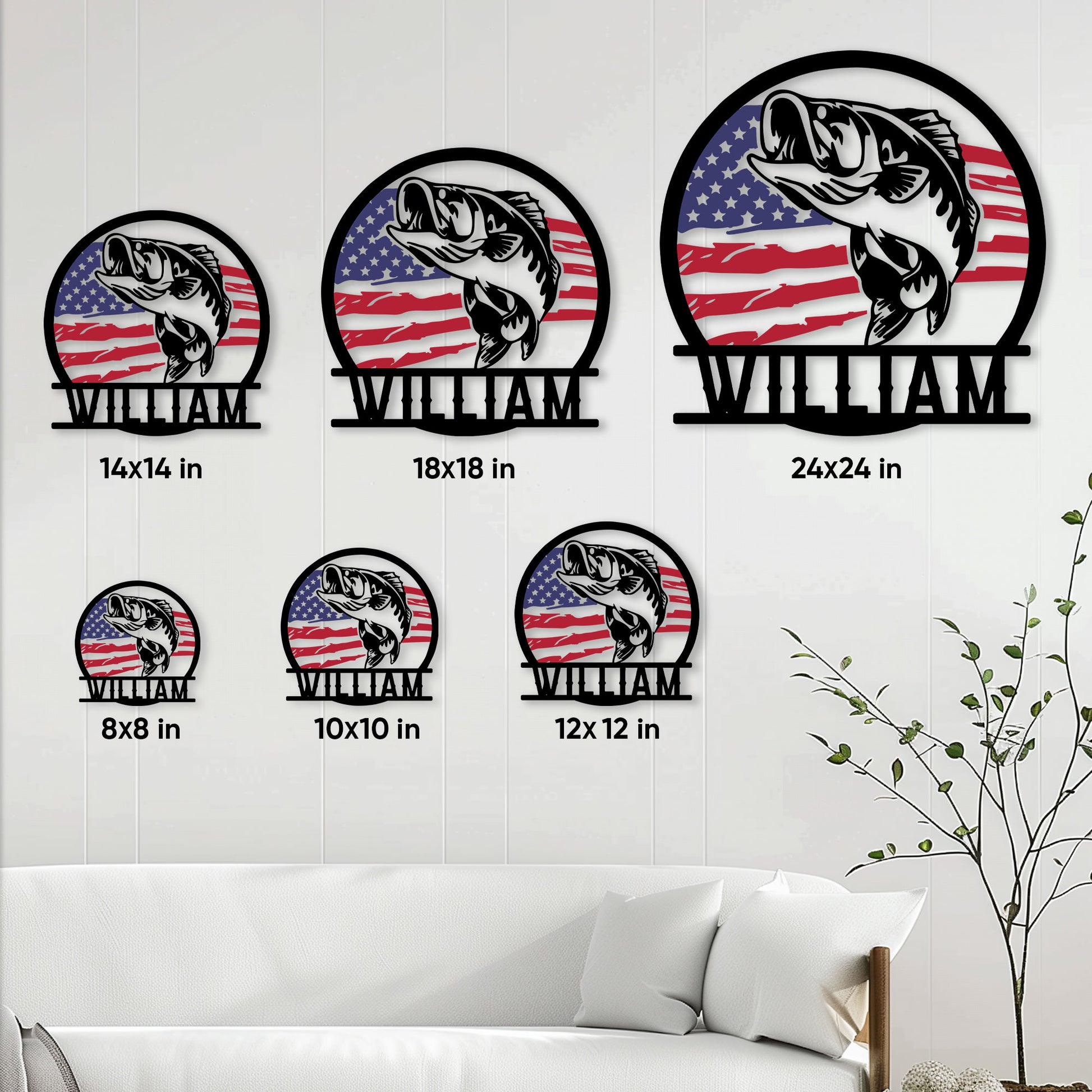 Bass fishing metal sign size guide showing six available square dimensions in a room setting