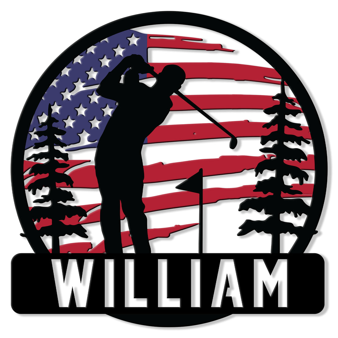 Custom golf metal sign featuring a golfer silhouette, flagstick, pine trees, and an American flag background
