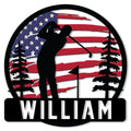 Custom golf metal sign featuring a golfer silhouette, flagstick, pine trees, and an American flag background