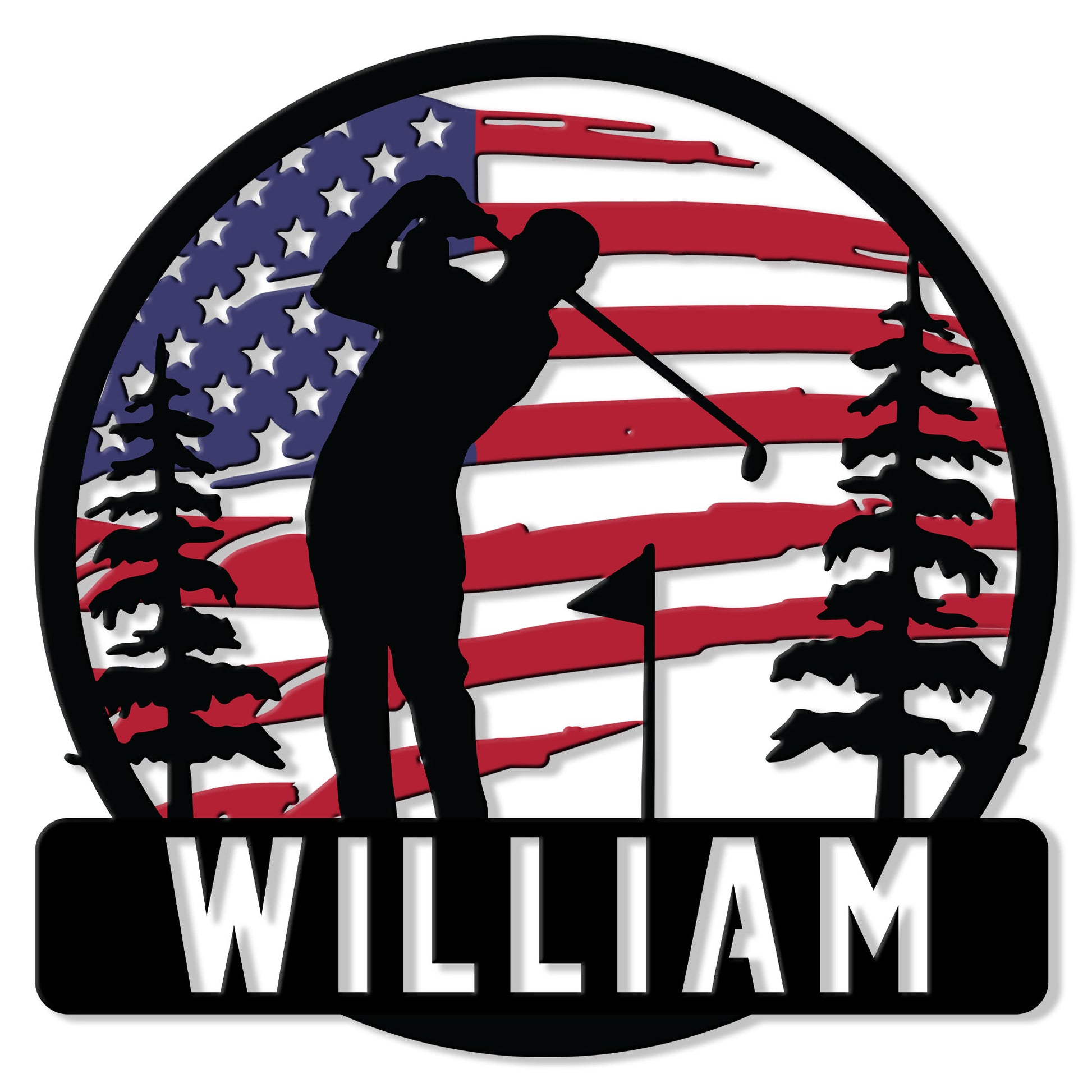 Custom golf metal sign featuring a golfer silhouette, flagstick, pine trees, and an American flag background