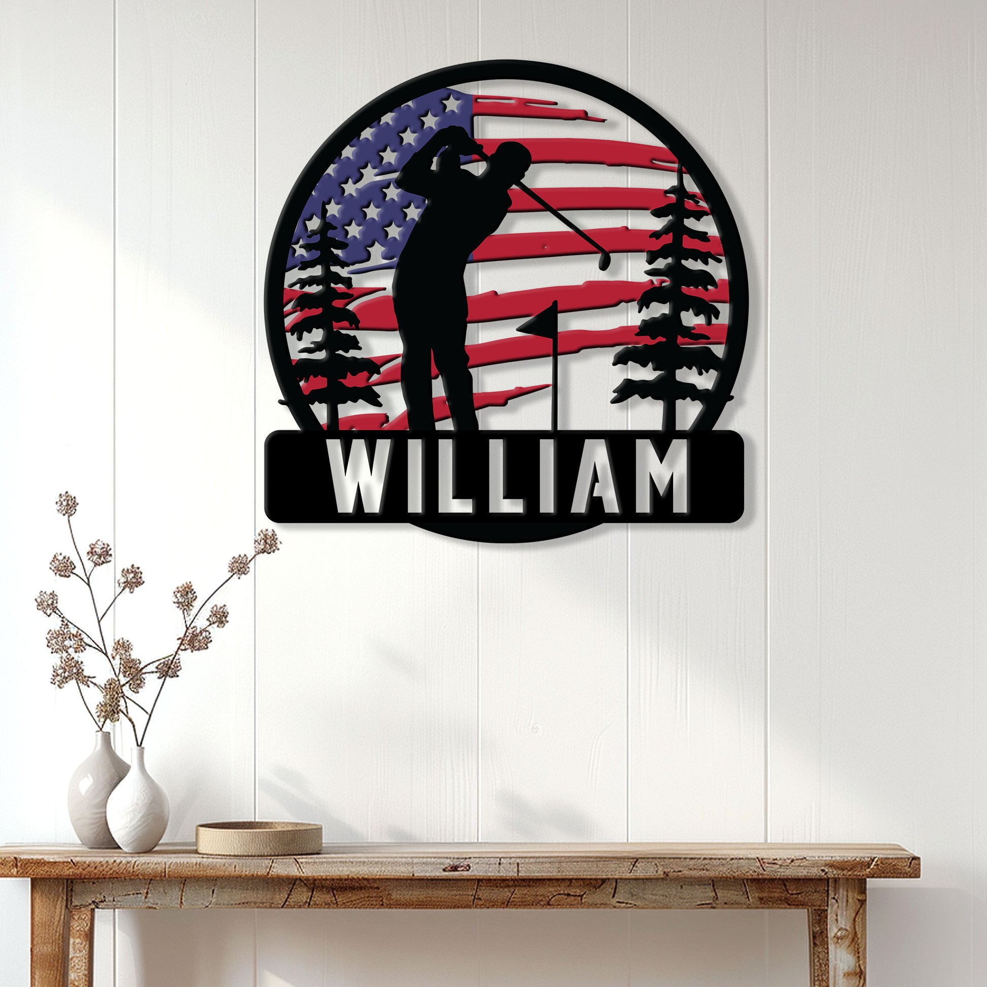 Golf metal wall decor displayed above a console table in a bright home interior