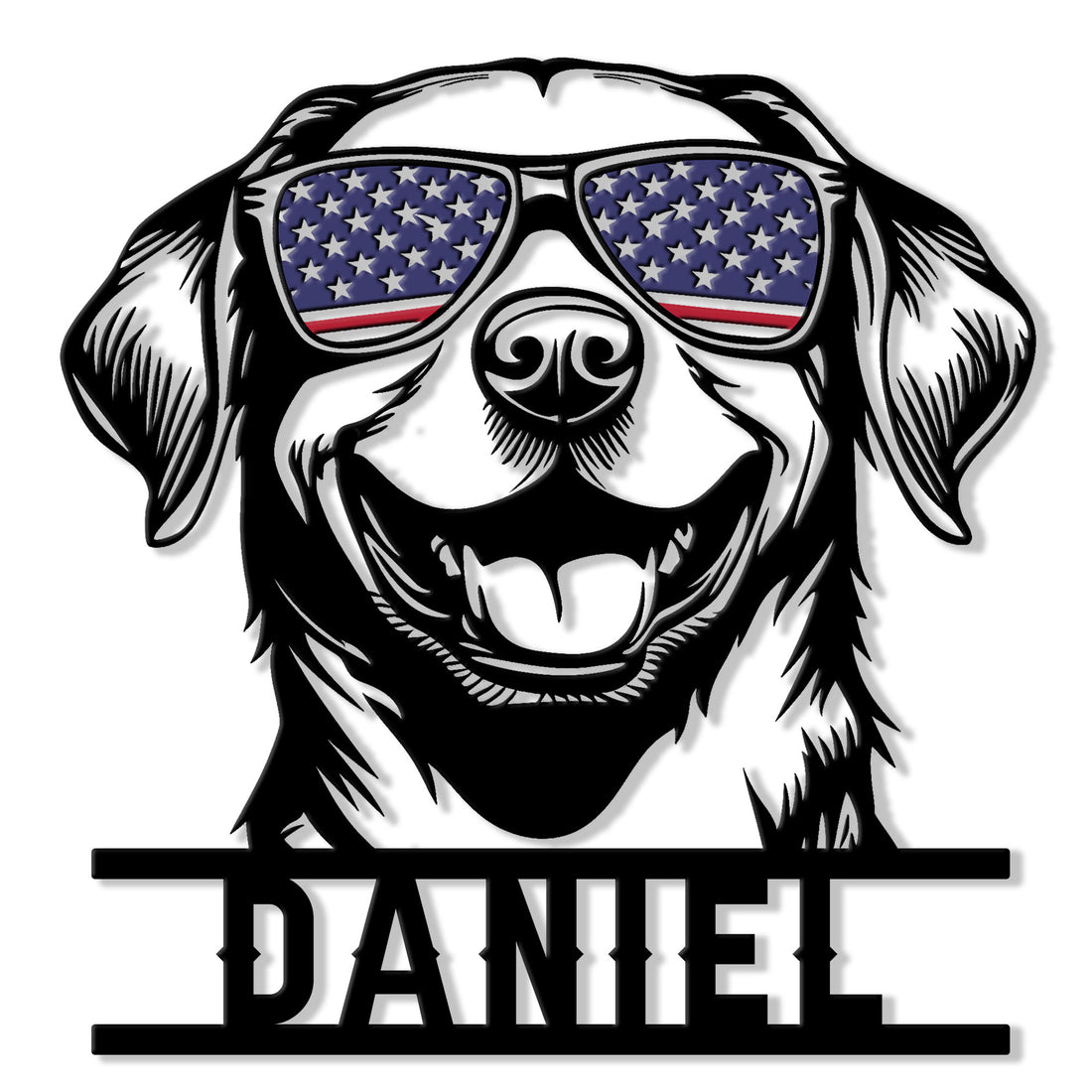 Labrador Retriever metal sign featuring a smiling dog portrait with patriotic aviator sunglasses