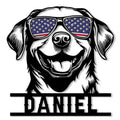 Labrador Retriever metal sign featuring a smiling dog portrait with patriotic aviator sunglasses