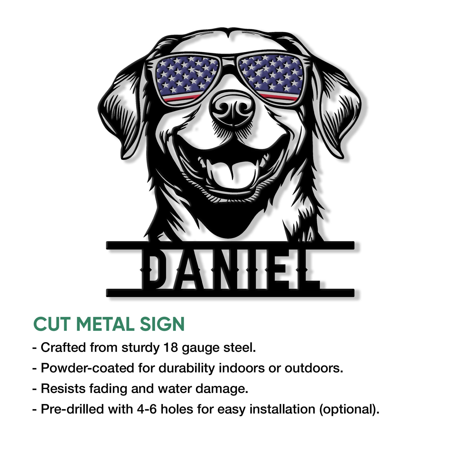 Patriotic Labrador Retriever cut metal sign shown with its smiling dog artwork and wall decor design