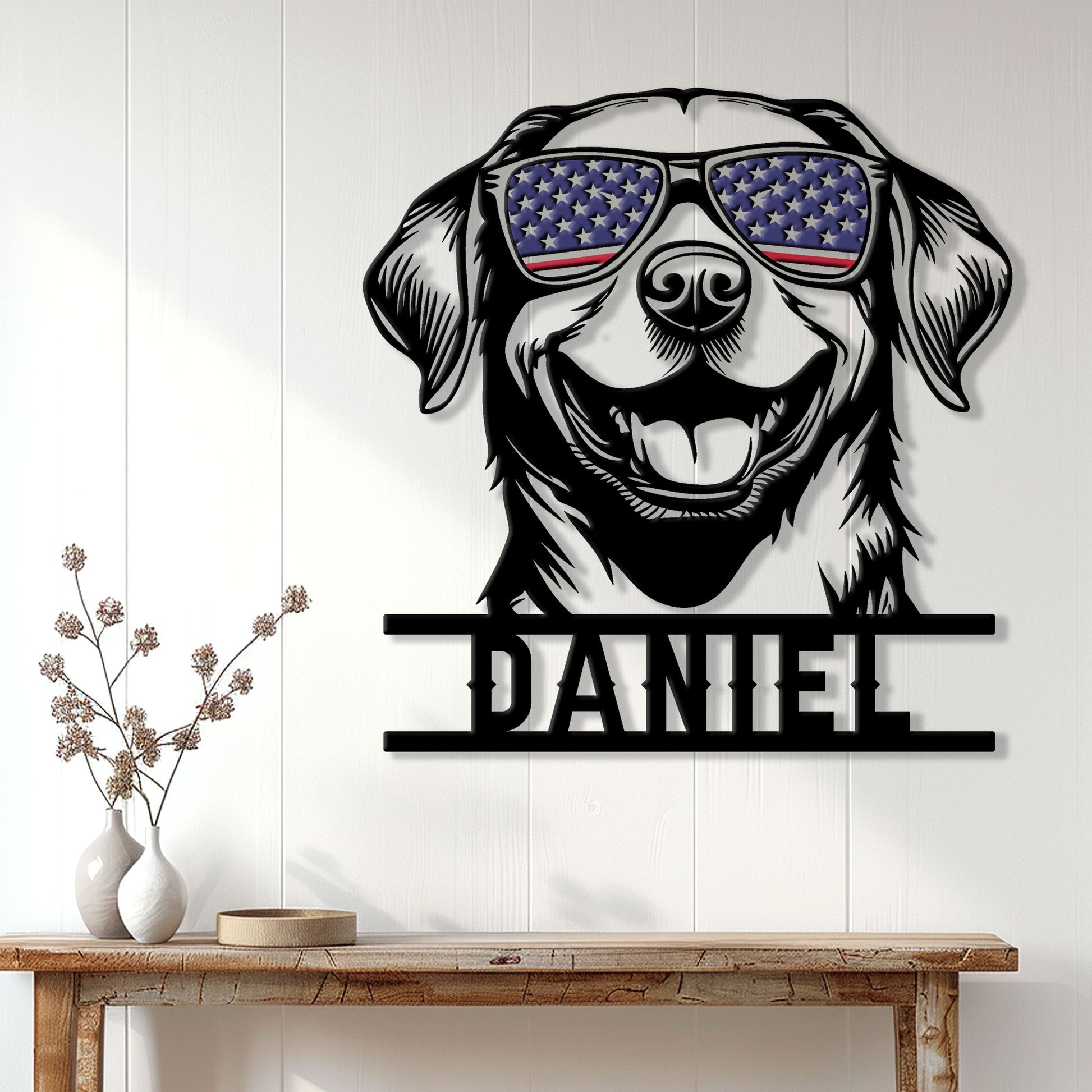 Labrador Retriever wall sign displayed in a bright entryway with a playful patriotic dog portrait