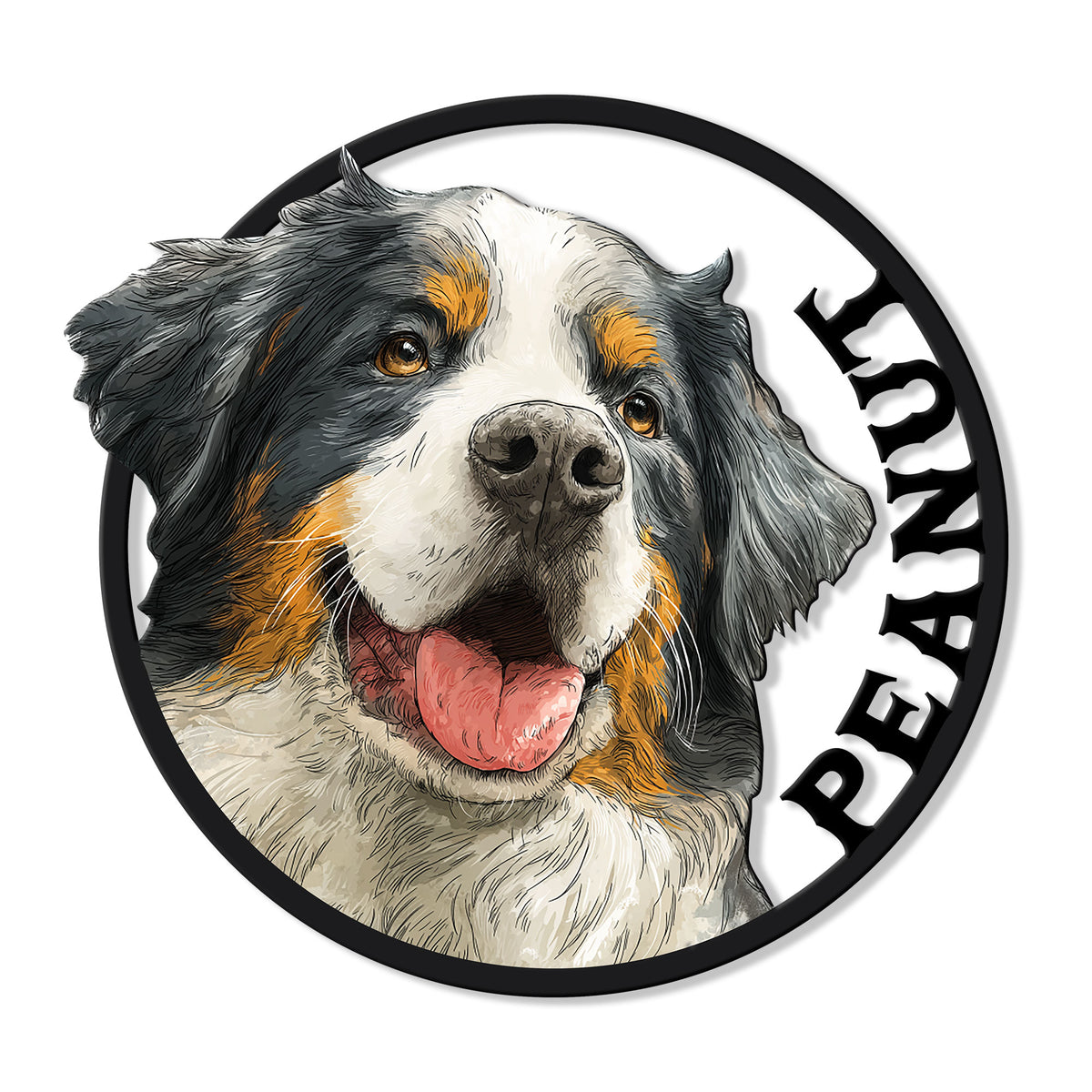 Bernese Mountain Dog metal sign featuring a detailed tri-color dog portrait in a bold circular frame