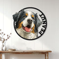 Bernese Mountain Dog metal wall decor displayed on a bright paneled wall above a console table