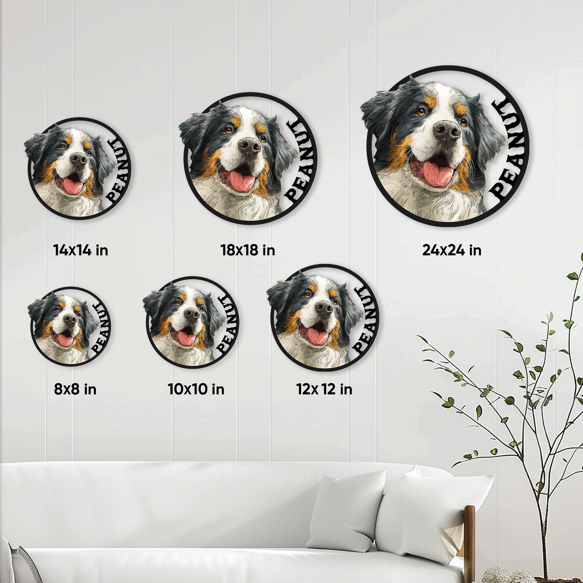 Bernese Mountain Dog metal sign size guide showing six available square dimensions from 8 to 24 inches