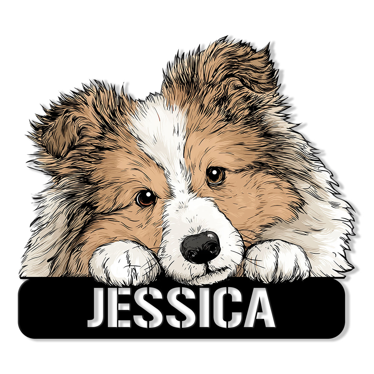 Custom Sheltie metal sign featuring a fluffy sable-and-white dog portrait above a bold black plaque