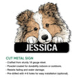 Sheltie dog metal sign shown with a close-up portrait and product feature information