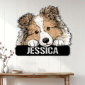 Sheltie metal wall sign displayed above a console table in a bright home interior