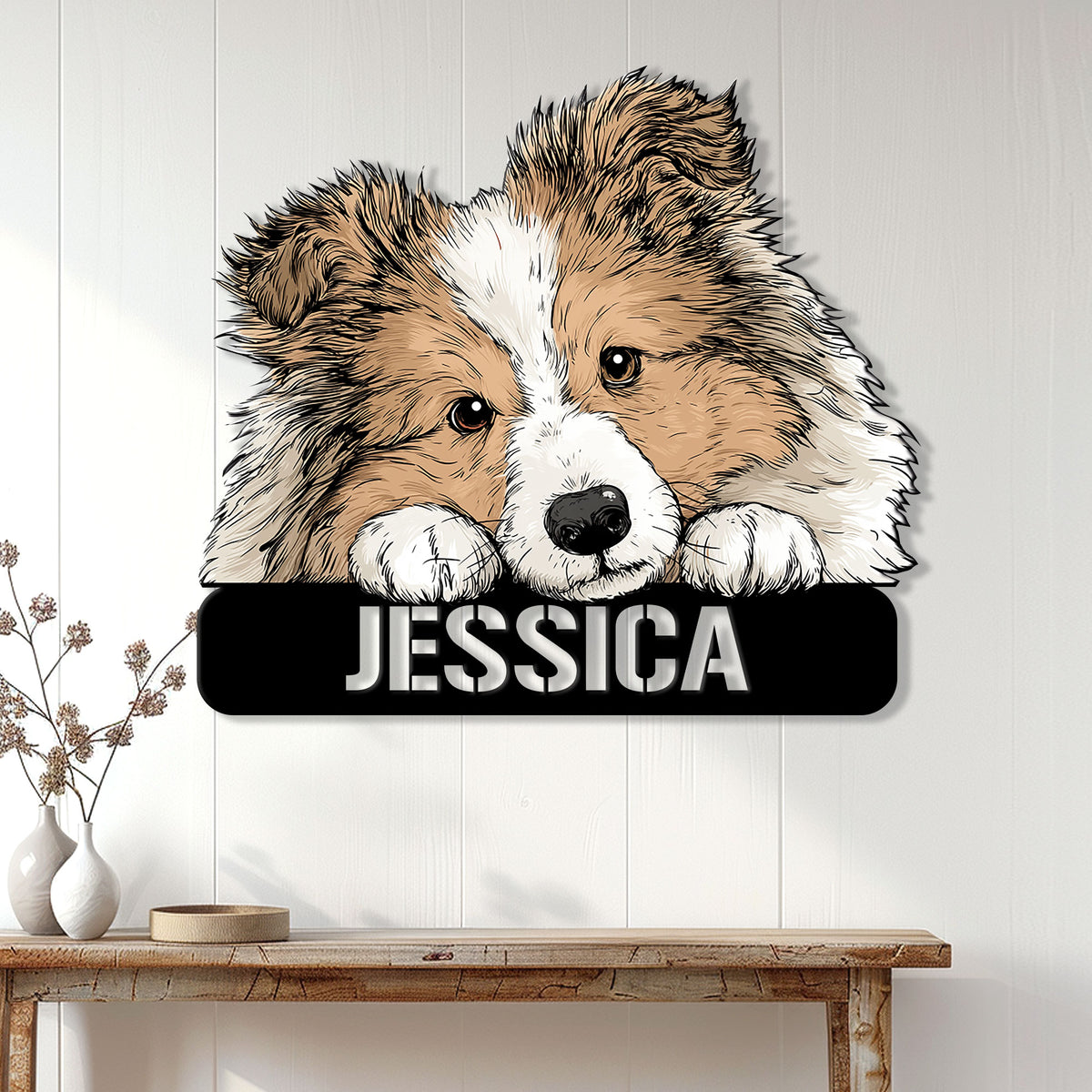 Sheltie metal wall sign displayed above a console table in a bright home interior