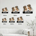Sheltie metal sign size guide showing multiple scale options in a living room setting