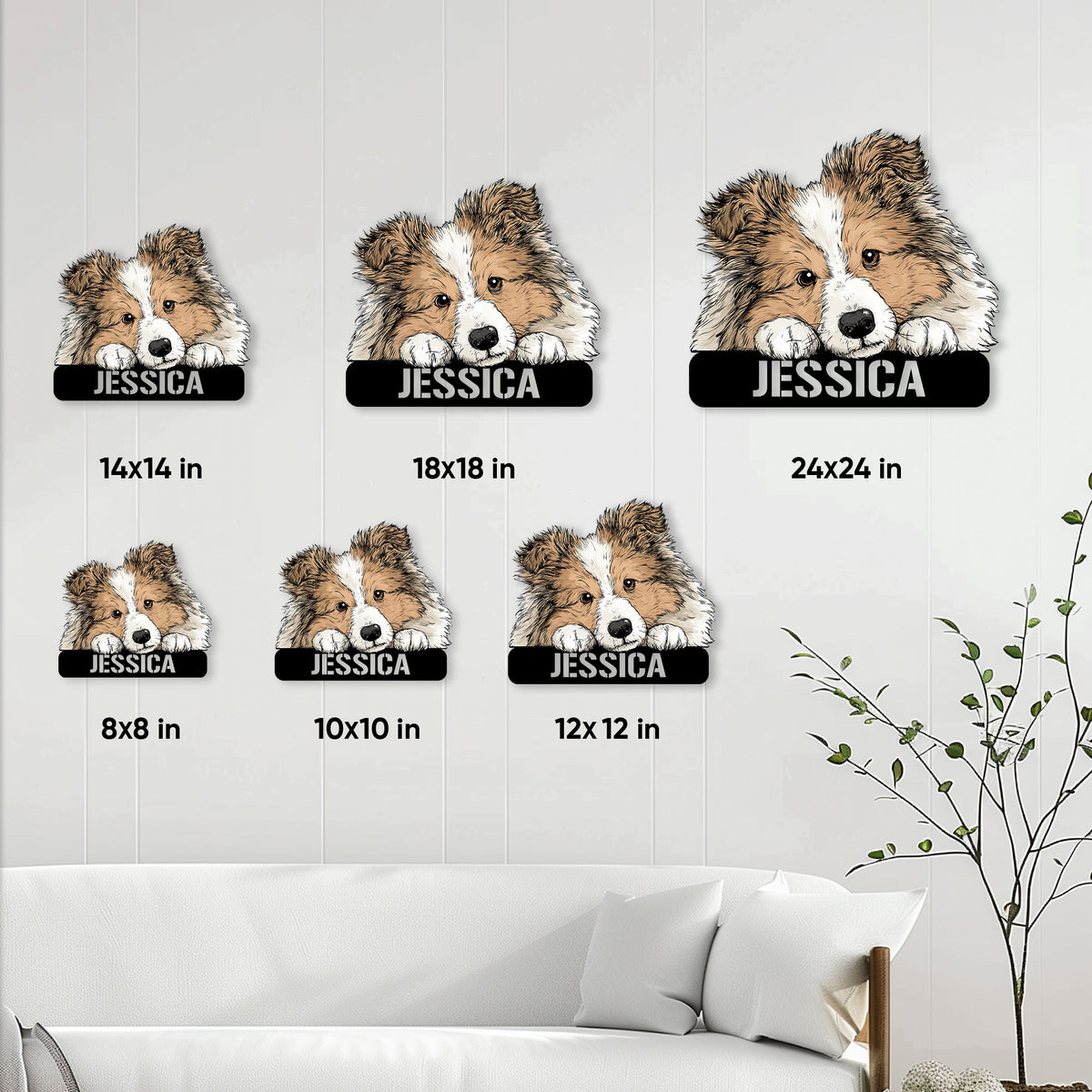 Sheltie metal sign size guide showing multiple scale options in a living room setting