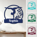 Custom gymnastics metal sign with an artistic gymnast silhouette, floral accents, and a circular frame