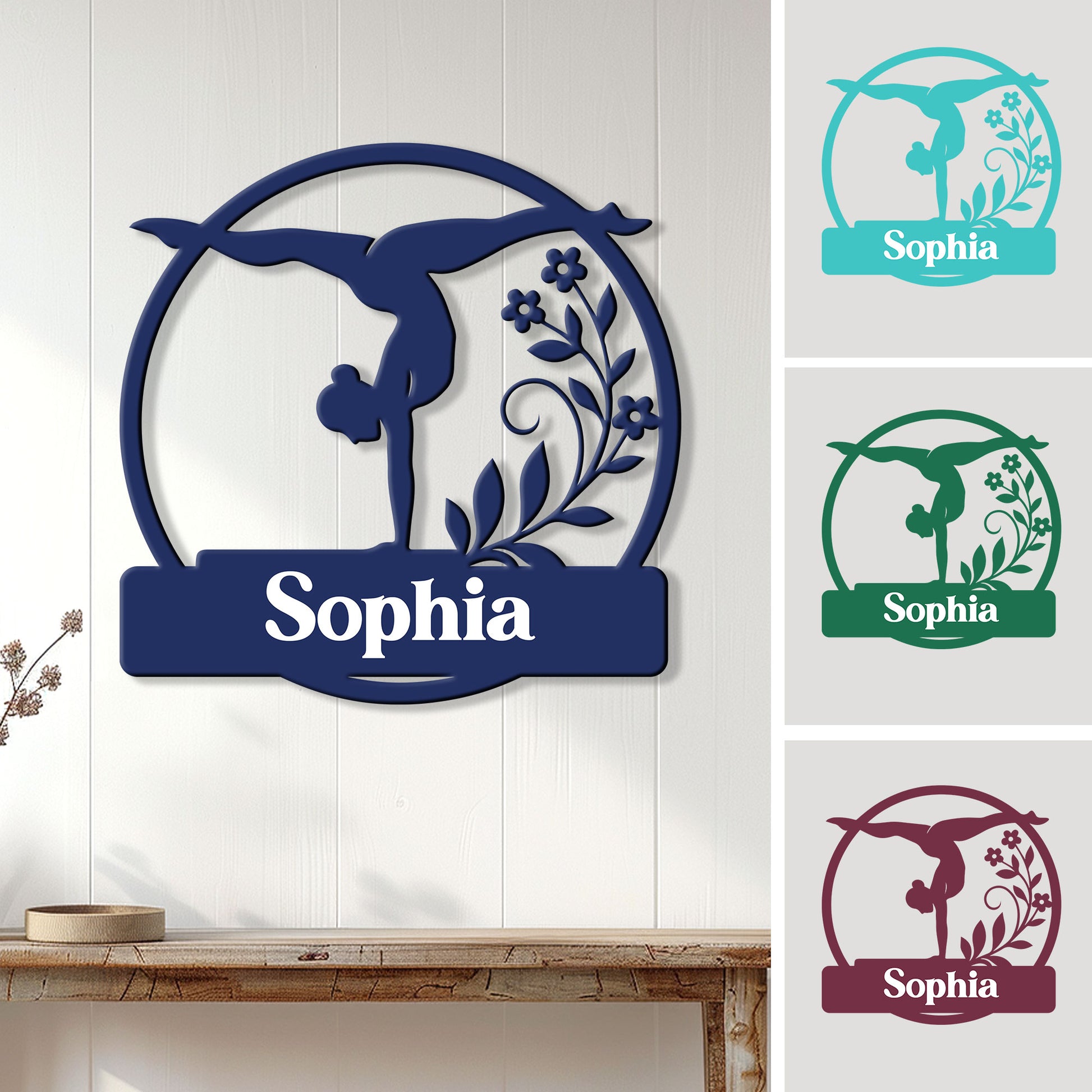 Custom gymnastics metal sign with an artistic gymnast silhouette, floral accents, and a circular frame