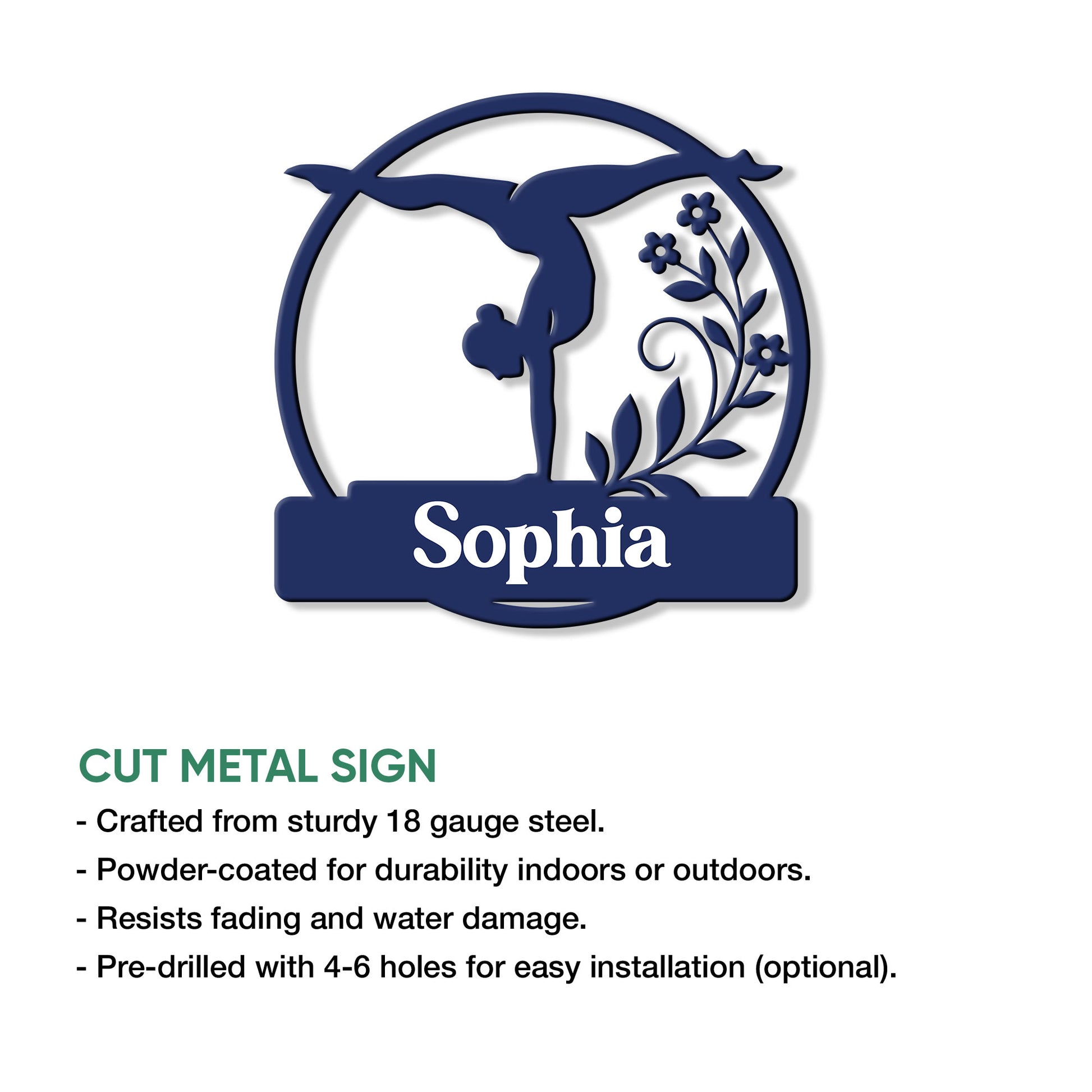 Gymnastics metal sign featuring a graceful gymnast silhouette with a botanical floral design