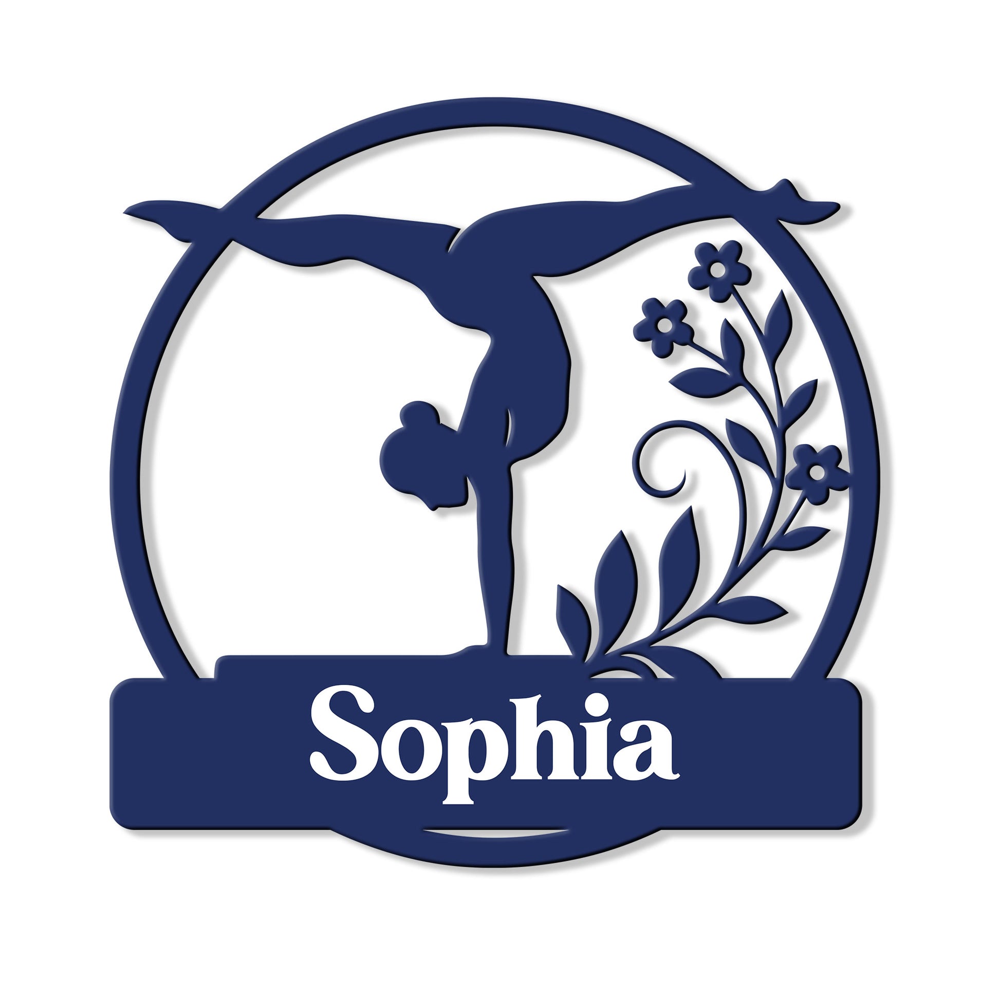 Close-up of a gymnast silhouette metal sign with curved framing and decorative flowers