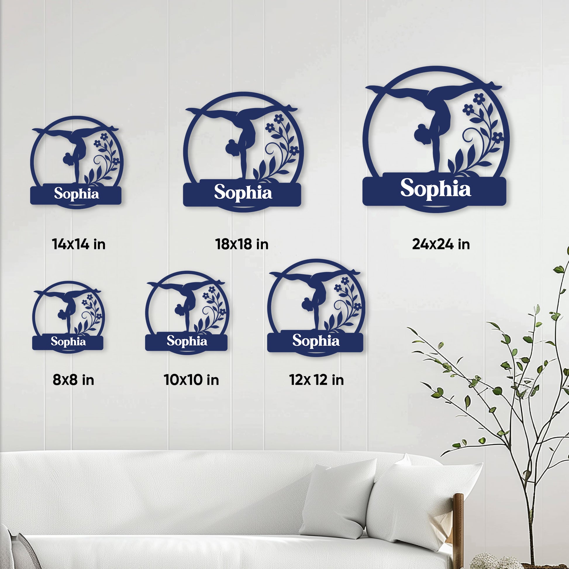 Gymnastics wall sign shown in multiple sizes on a bright living room wall