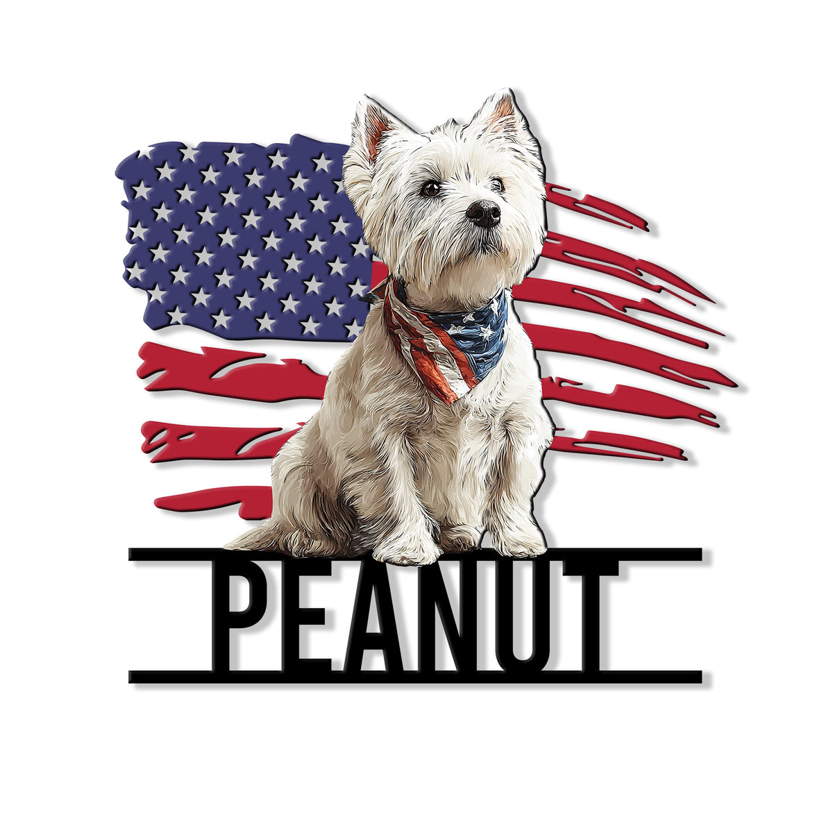 Patriotic Westie metal sign featuring a seated white terrier in front of a distressed American flag