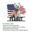 West Highland White Terrier metal sign shown with cut-metal design features and an American flag backdrop