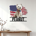 Patriotic Westie wall sign displayed on a white paneled wall above a wooden console