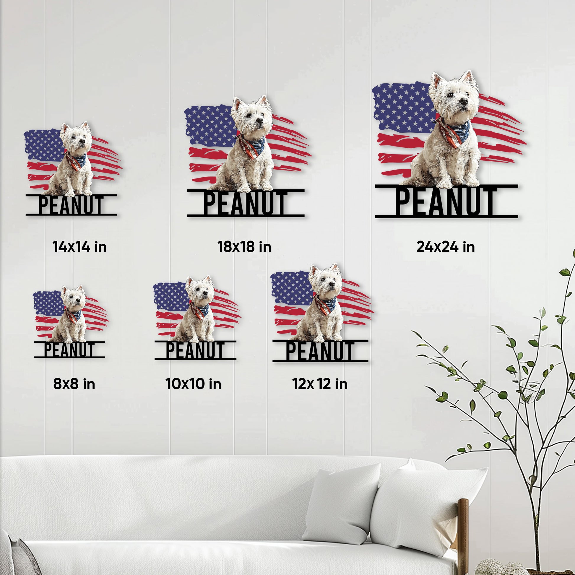Westie metal sign size guide showing available square sizes from 8 by 8 to 24 by 24 inches