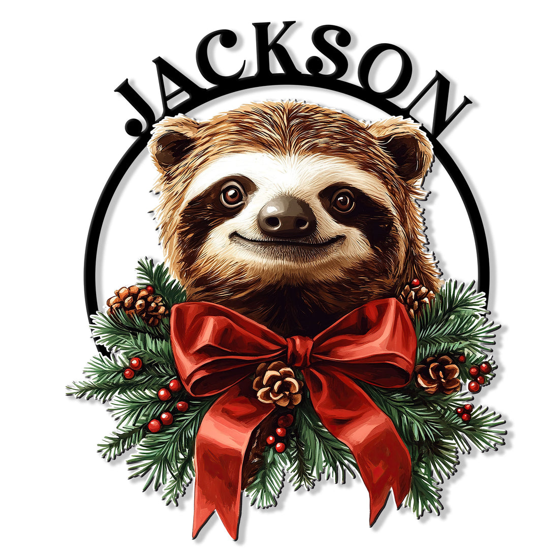 Christmas sloth metal sign featuring a smiling sloth framed by evergreen branches, pinecones, berries, and a red bow