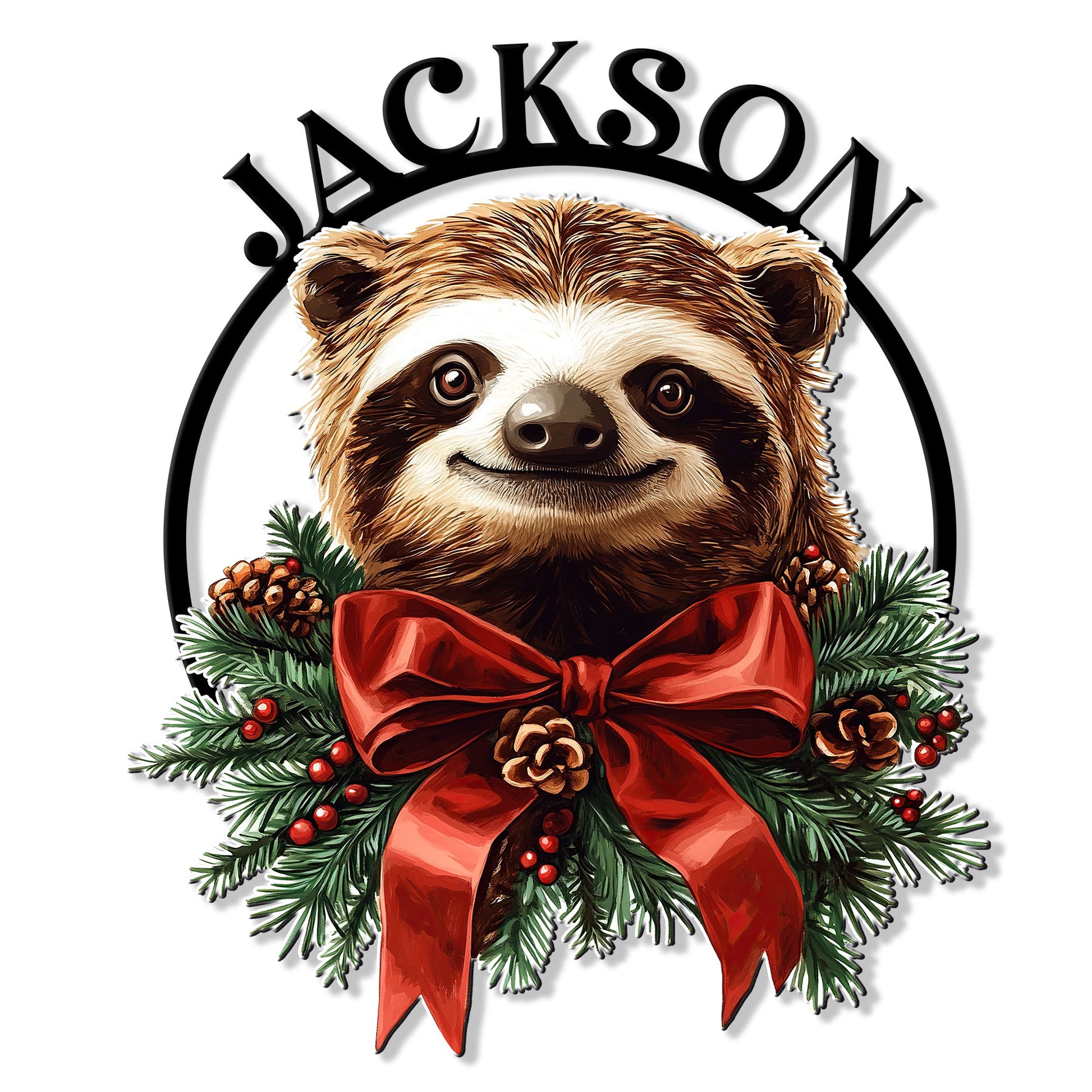 Christmas sloth metal sign featuring a smiling sloth framed by evergreen branches, pinecones, berries, and a red bow