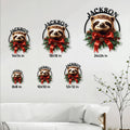 Size guide showing the Christmas sloth metal sign in six square dimensions from 8x8 to 24x24 inches