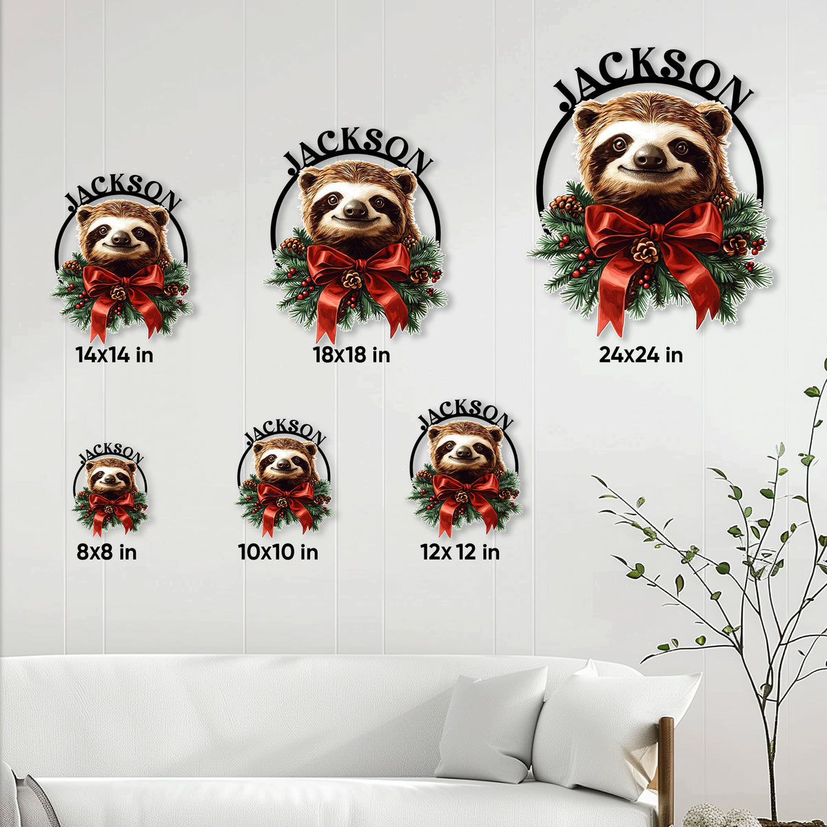 Size guide showing the Christmas sloth metal sign in six square dimensions from 8x8 to 24x24 inches