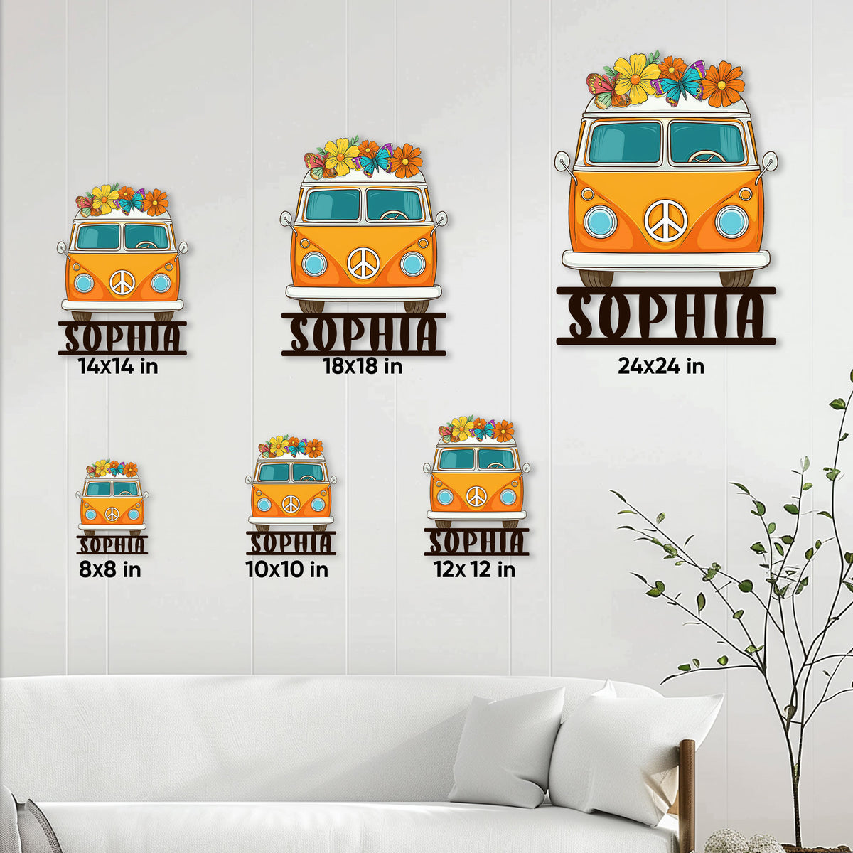 Hippie van metal sign size guide showing multiple square size options displayed on a living room wall