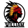 Native American profile metal sign featuring a colorful feathered headdress and bold circular silhouette