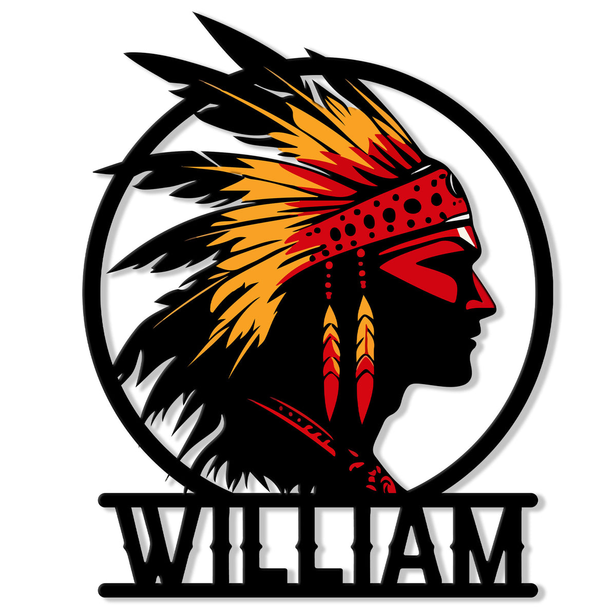 Native American profile metal sign featuring a colorful feathered headdress and bold circular silhouette
