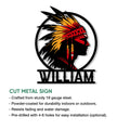Cut metal sign featuring a Native American profile with feathered headdress and vibrant red, gold, and black artwork