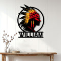 Native American profile wall sign displayed above a console table in a bright, modern home