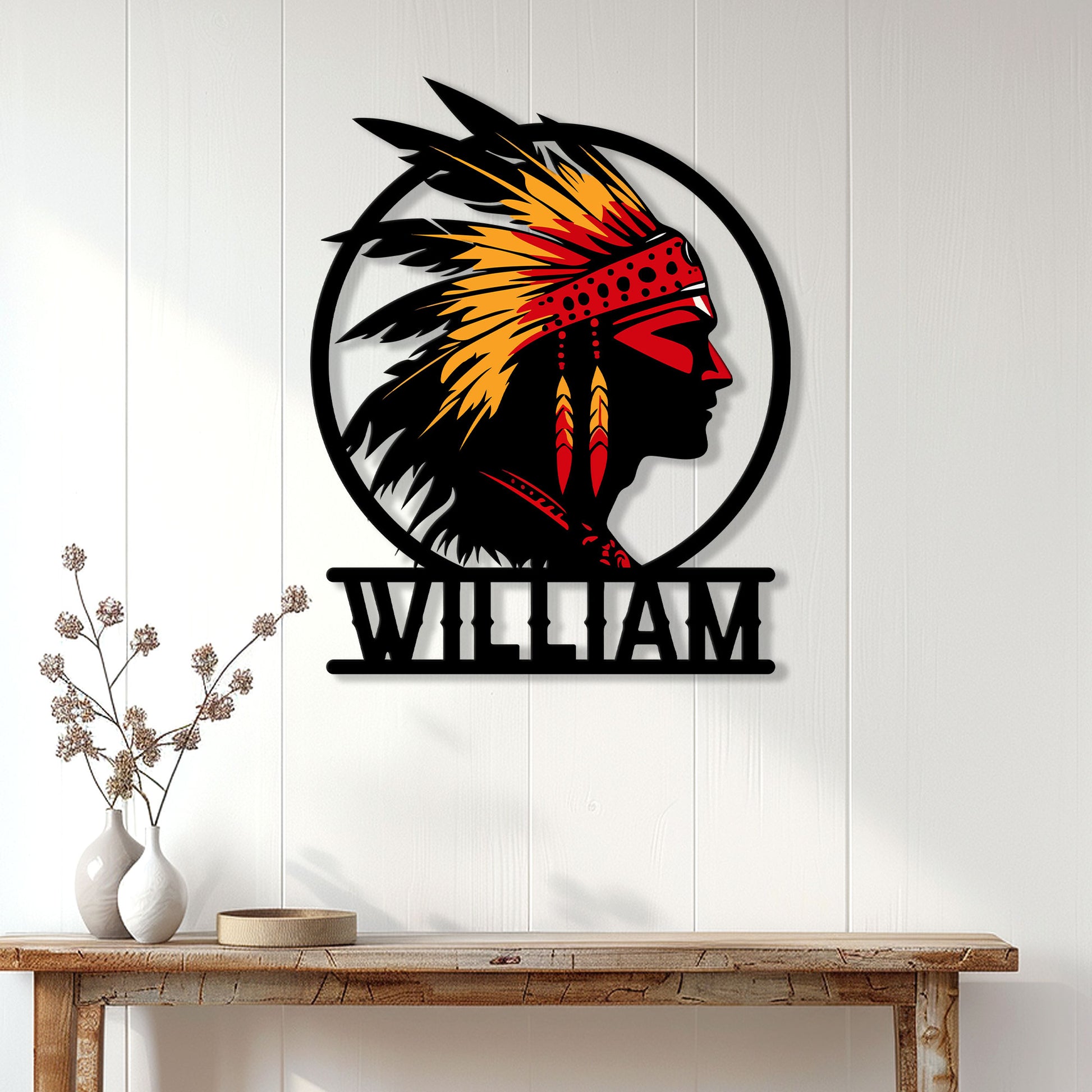 Native American profile wall sign displayed above a console table in a bright, modern home