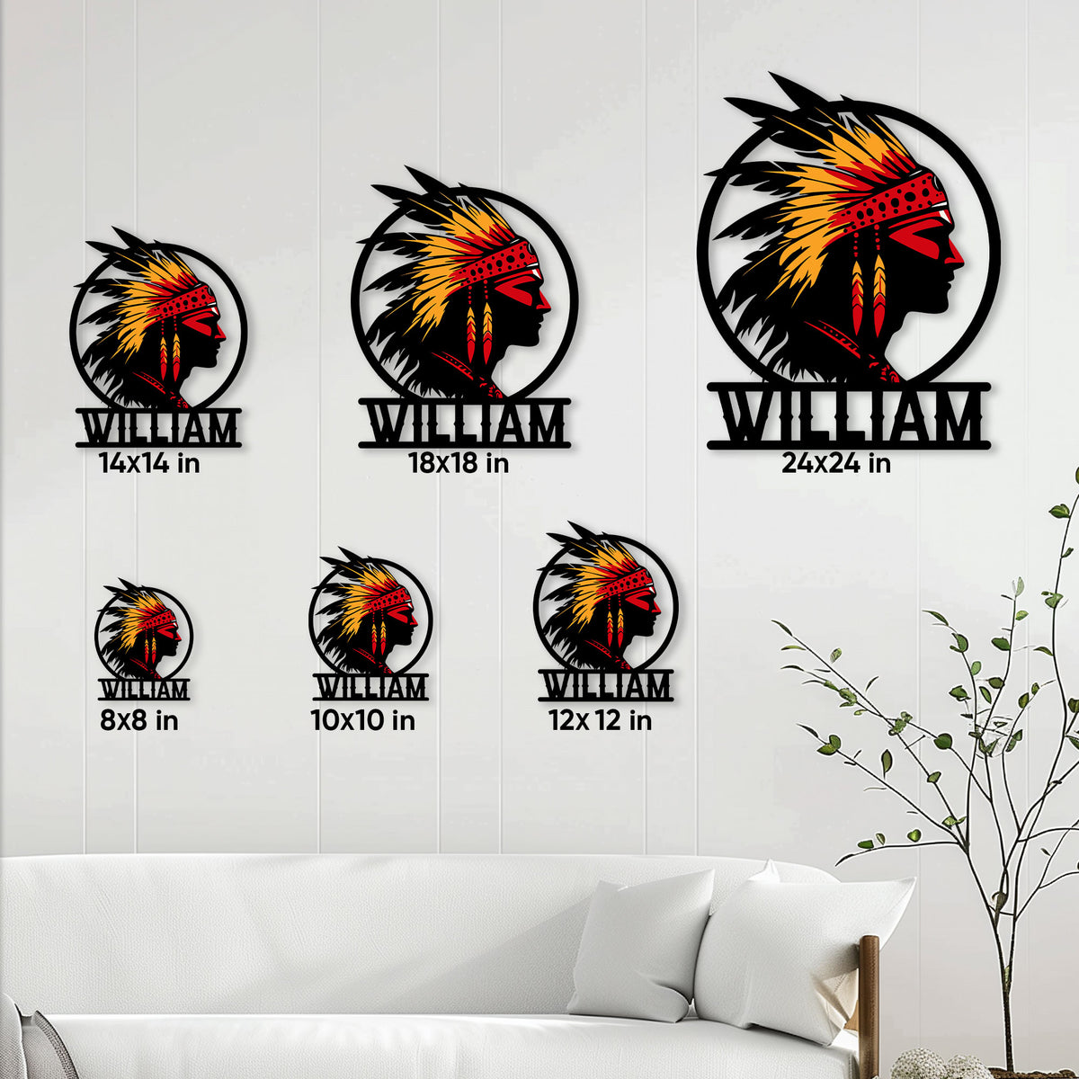 Native American metal sign size guide showing multiple available dimensions in a living room setting