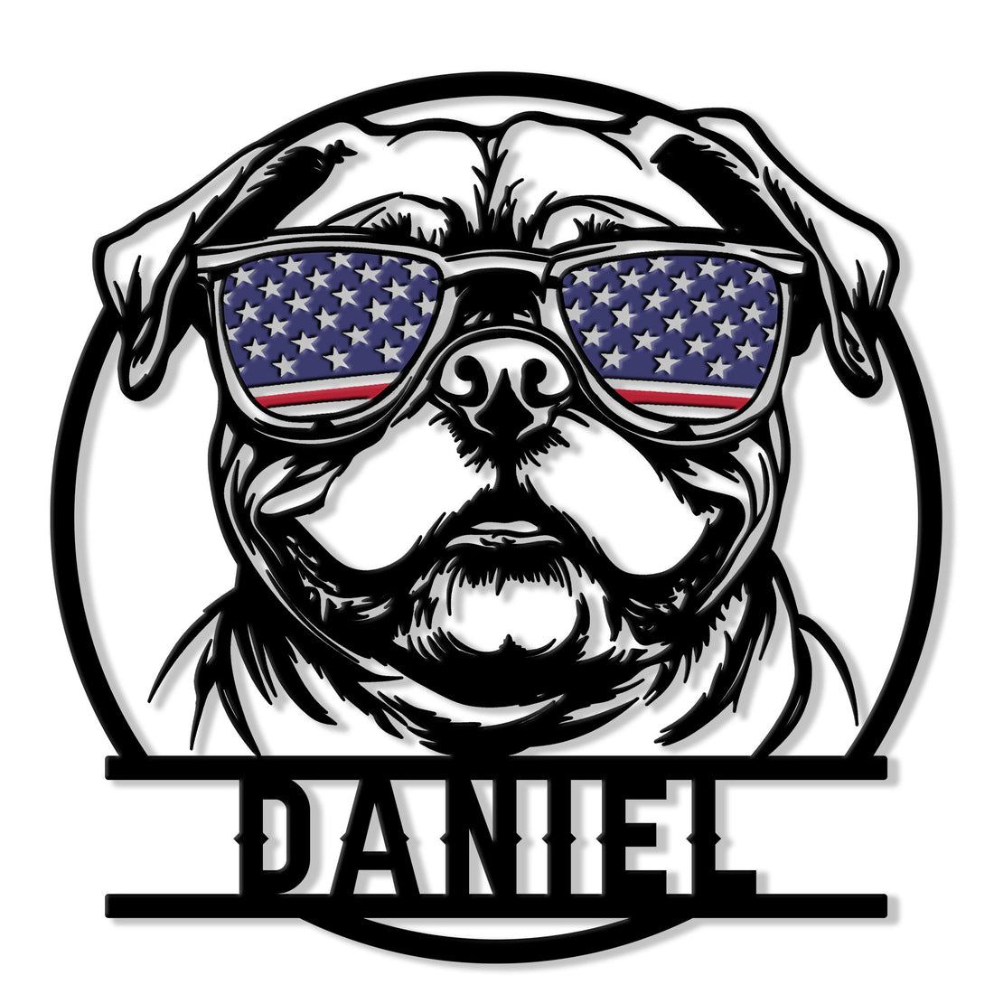 Custom American Bulldog metal sign featuring a bold dog portrait wearing patriotic American flag sunglasses