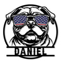 Custom American Bulldog metal sign featuring a bold dog portrait wearing patriotic American flag sunglasses