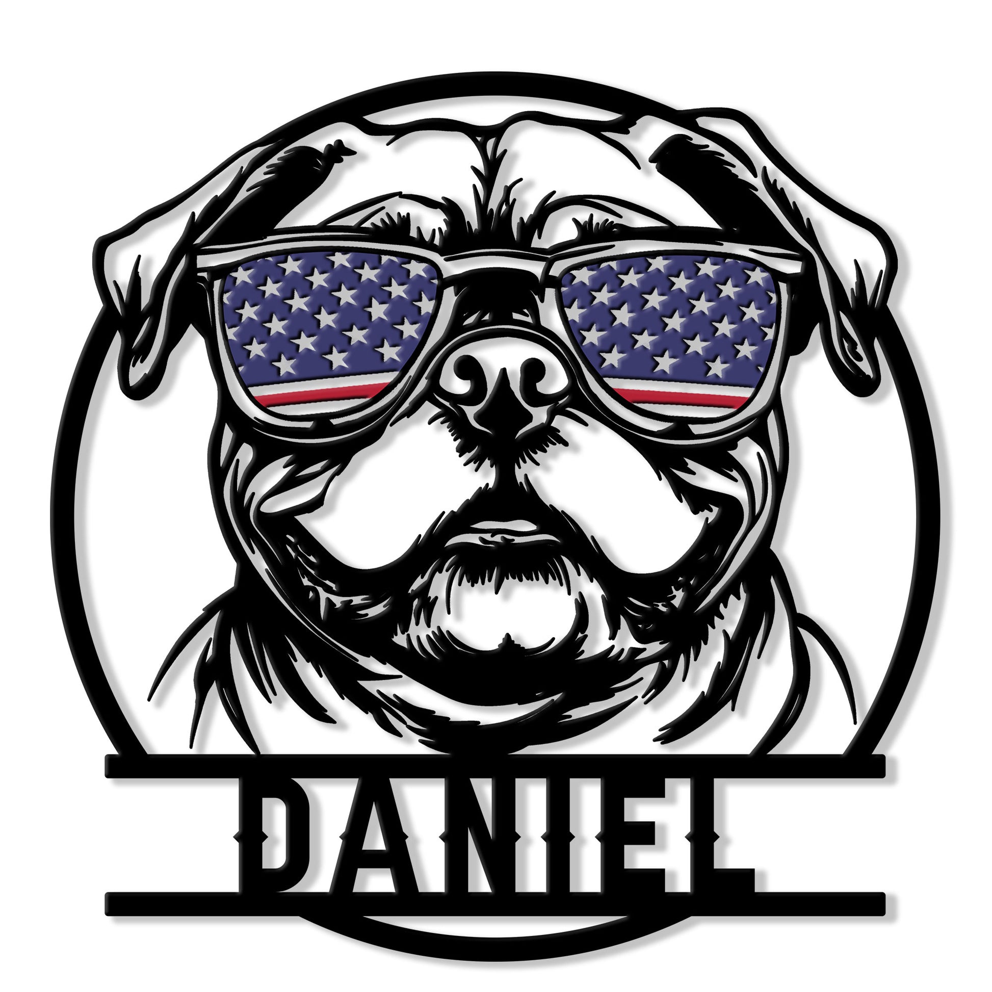 Custom American Bulldog metal sign featuring a bold dog portrait wearing patriotic American flag sunglasses