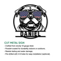 American Bulldog cut metal sign with a patriotic sunglasses design shown in a product feature graphic